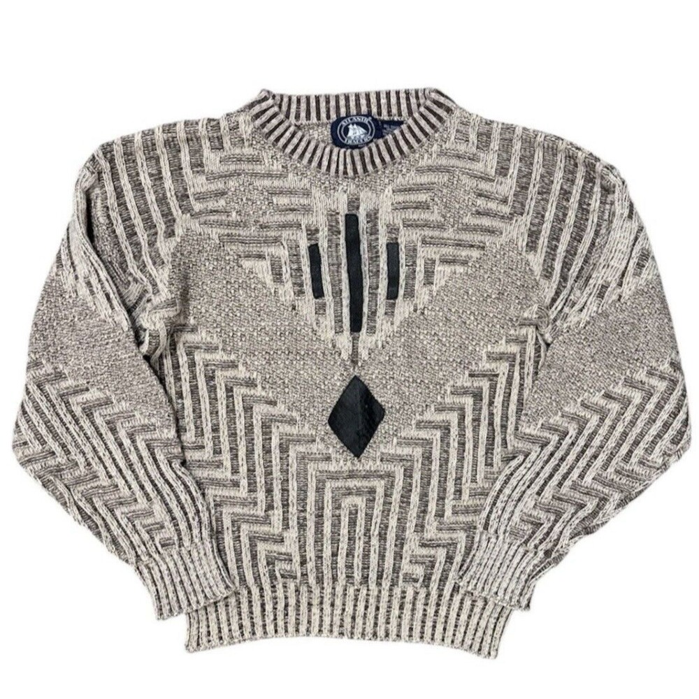 Vintage 90s Atlantic Traders Sweater Leather Geometric Chunky Textured Knit M